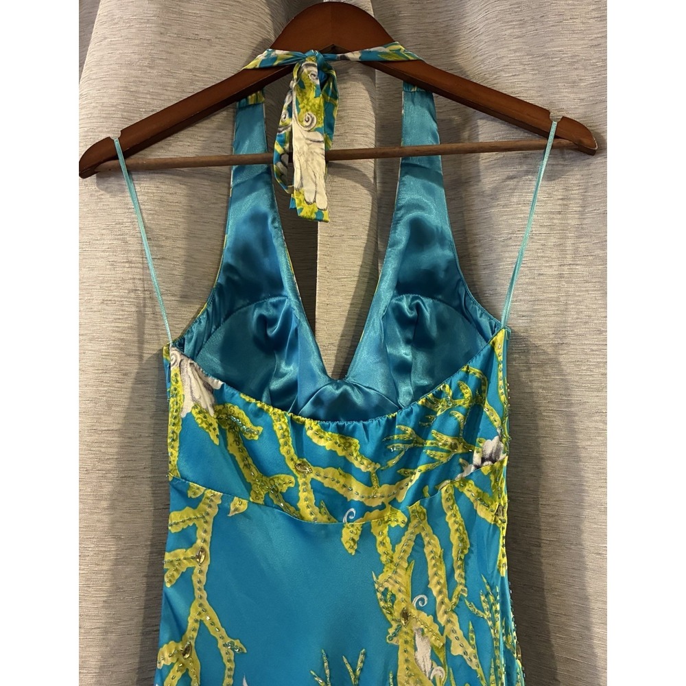 Vintage Cache Silk Halter Maxi Dress Beaded Floral Y2K Prom Formal Glam Size 2 - Picture 6 of 13
